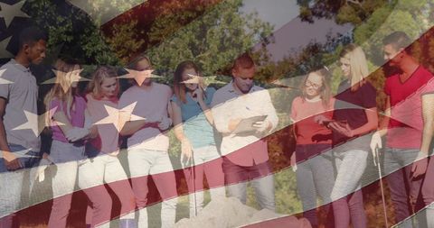 American Flag Over Diverse Group of Park Volunteers