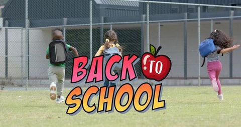 Kids running across school field with backpacks and colorful back to school graphic overlay