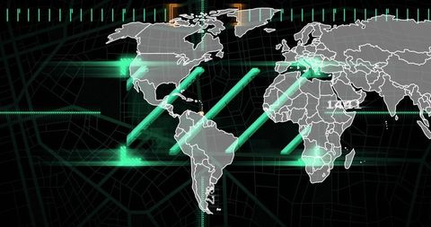 World map cyber dashboard highlighting neon teal beams, pulsing nodes and data routes