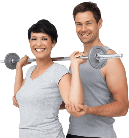 Transparent male trainer assisting woman with weight lifting