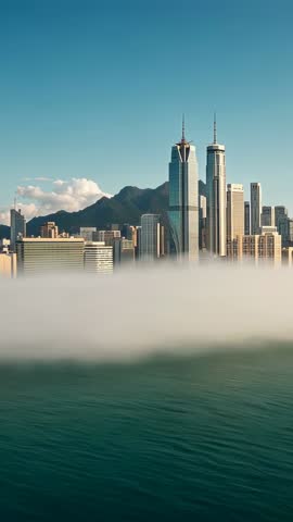 Onshore Breeze Pushing Low Fog Across Harbor with Twin Towers Piercing Morning Haze