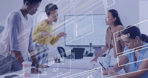 Women collaborating over blueprints with digital analytics overlays in modern boardroom