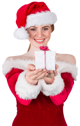 Happy Woman in Santa Costume Holding Transparent Gift Box