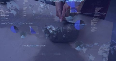 Female hands molding gray clay with data overlays blending craft and analytics