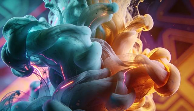 Swirling teal and amber pigment plumes mixing with magenta streaks, abstract fluid macro