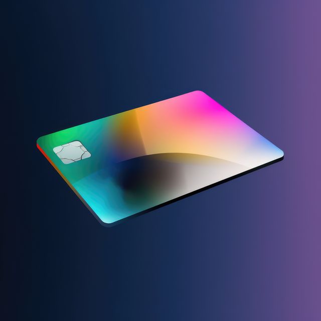 Colourful credit card with microchip on blue, copy space, created using generative ai technology. Emv chip, banking, spending, technology and finance mock up concept digitally generated image.