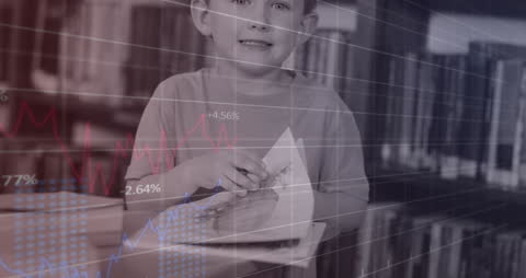 Child Reading Surrounded by Virtual Data Charts
