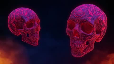 Rotating Neon Red Skulls with Intricate Motifs in Surreal void