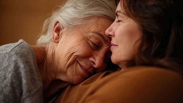 Senior mother and adult daughter sharing tender forehead embrace, intimate family bond