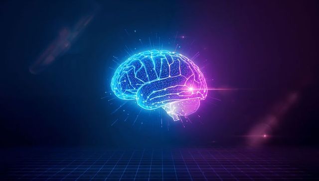 Futuristic Holographic Brain Concept on Neon Grid