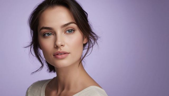 Serene young woman with natural makeup and soft lighting on lavender gradient backdrop