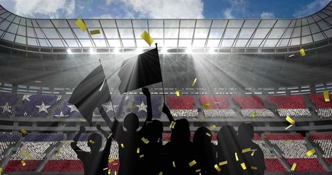 Enthusiastic sports fans cheering at grand stadium event