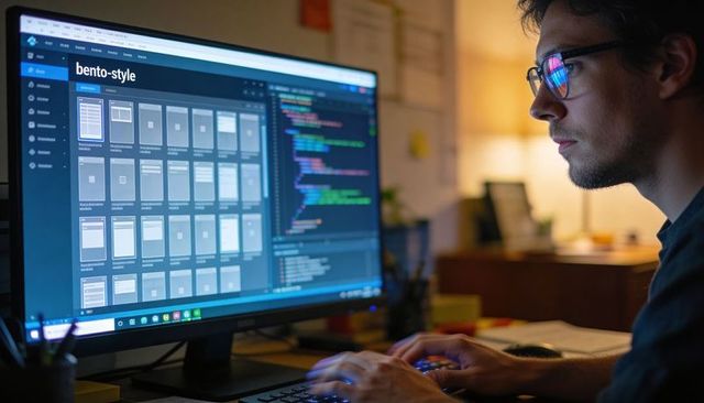 Developer Coding at Home Desk with UI Wireframes and Code Editor on Large Monitor