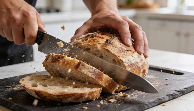 Slicing rustic sourdough loaf with serrated knife, hands pressing crust, crumbs flying