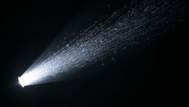 Conical spotlight beam cutting through dark space with floating dust particles