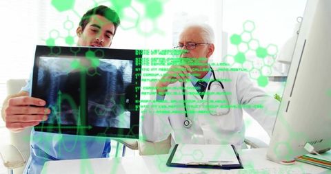 Doctor and Technician Examining Chest X-ray with Digital Overlay in Clinical Review