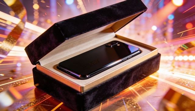 Glossy black smartphone resting in velvet gift box with satin lining and festive bokeh