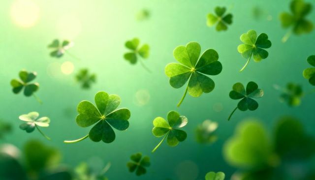 Floating four-leaf clovers in sunlit green bokeh, lucky shamrock macro showing venation
