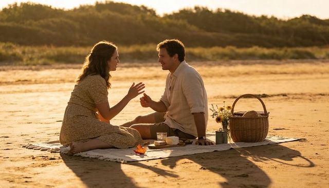 Couple talking during golden hour picnic on sandy beach with wicker basket and wildflowers