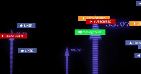 Neon dashboard showing rising engagement bars with subscribed and message sent badges