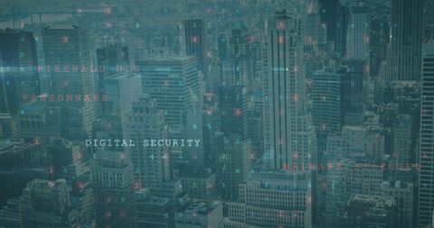 Cityscape with Digital Security Interface Overlay