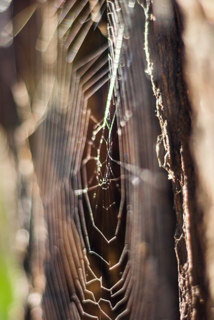 Close-up of a spider web intricately woven between sections of a tree trunk. Ideal for nature-themed photography collections, educational materials about spiders and webs, or as a background image related to natural designs and aesthetics.