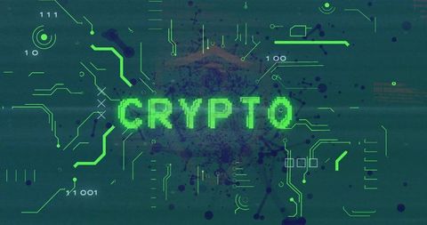 Glowing Pixel CRYPTO Text Over Neon Circuit HUD With Ink Splatter Futuristic Interface