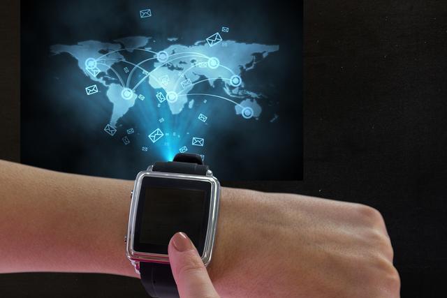 Finger touching smart watch with holographic global network display. Ideal for illustrating concepts of modern technology, digital communication, connectivity, and wearable tech. Suitable for use in technology blogs, articles on innovation, and promotional materials for tech products.