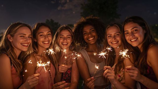 Group of six friends celebrating with sparklers at night smiling joyful summer party