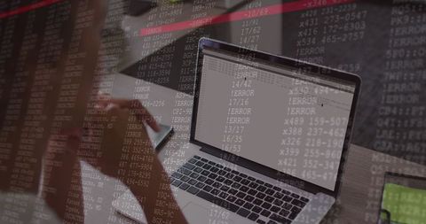 Programmer debugging terminal errors on laptop with code overlay and tablet on desk