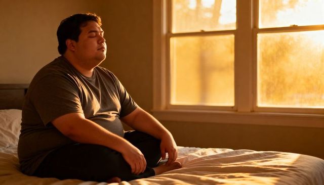 Man sitting on bed in warm golden-hour light meditating and reflecting, quiet bedroom