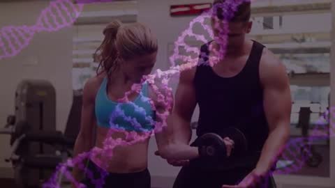 Personal Fitness Training with Bicep Curl in Gym Setting with Genetic Helix Overlay