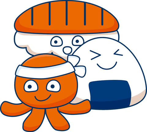 Playful food mascots on transparent background: sushi, onigiri, octopus