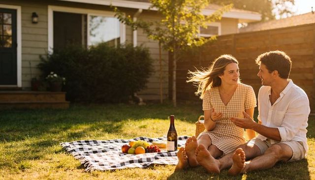 Couple sharing sunlit backyard picnic on gingham blanket with wine, fruit and conversation