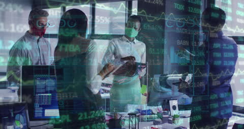 Teamwork in Modern Office with Digital Financial Display