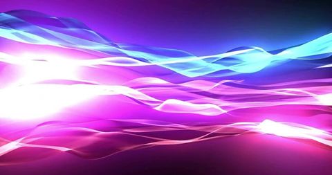 Flowing neon light ribbons over magenta-cyan gradient creating futuristic background