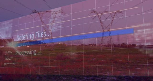 Digital progress bar overlaid on rural power line landscape at dusk