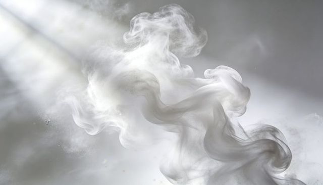 Swirling white smoke forming layered ribbons and light shafts over soft grey backdrop