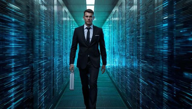 Executive Walking Through Futuristic Data Center Carrying Metal Briefcase