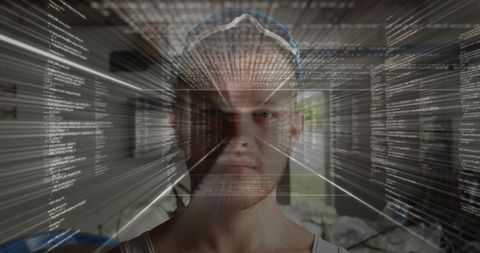 Tech man standing in narrow corridor wearing sunglasses with code hologram overlay