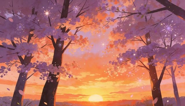 Sunset blossom grove with lavender cherry trees and sparkling twilight glow pastel fantasy