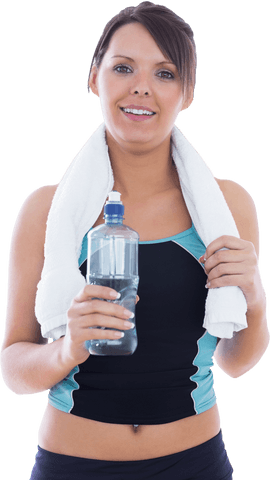 Smiling Woman in Sportswear with Towel Drinking Water Transparent Background