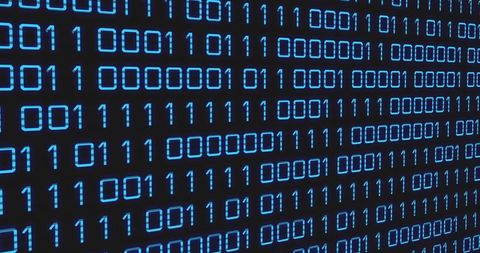 Cyan Binary Code Matrix Display Showing Repeating Ones and Zeros on Digital Grid