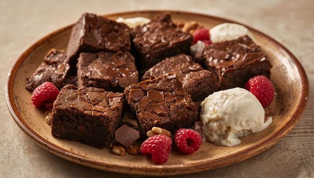 Rustic chocolate brownies with melting vanilla ice cream scoop and fresh raspberries