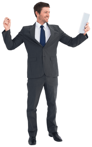 Ecstatic Businessman Celebrating Success with Tablet Transparent Background - Download Free Stock Videos Pikwizard.com