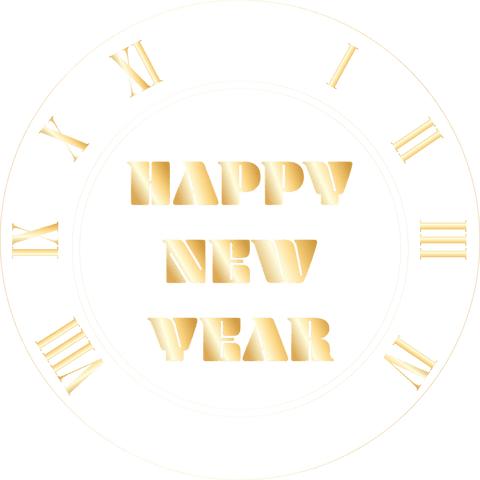 Golden transparent clock dial with happy new year text