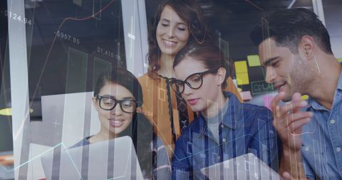 Business Team Collaborating on Financial Strategy with Digital Interface Overlay