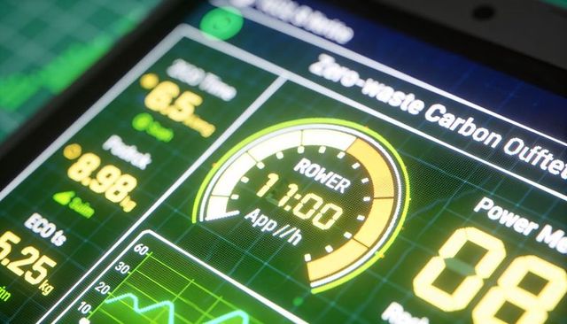 Zero-waste carbon offset dashboard showing rower gauge, energy metrics and eco monitoring