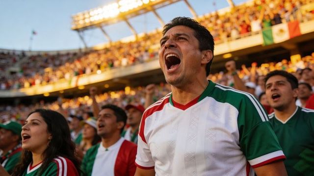 Passionate football fans shouting and cheering in stadium wearing green white red jerseys