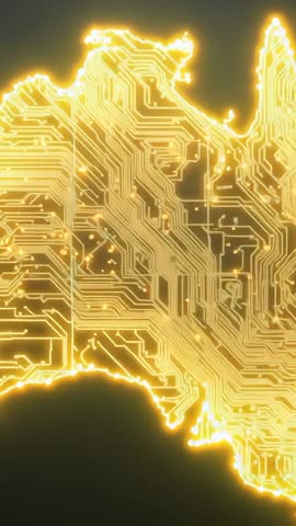 Glowing Circuit Map of Australia Tracing Coastline with Pulsing Nodes and Filament
